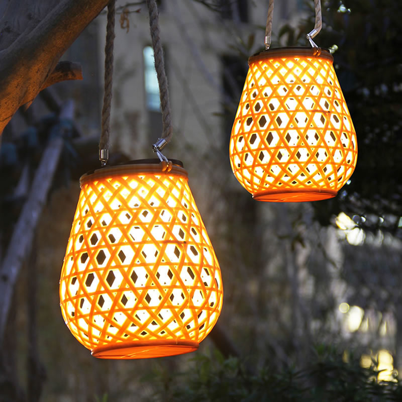 Lumind Outdoor Lights Solar Garden Hanging Lantern Portable Lights Decorative Garden Bamboo Woven exterior Lawn Light