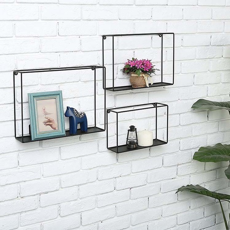 Modern Metal Wire Frame Shadow Boxes, Decorative Wire Cube Floating Shelves, Set of 3, Black Carton Customized Logo Custom Made