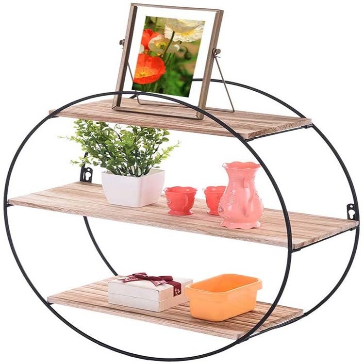 Three-Layer Round Wall Shelf,Rustic Wood Floating Shelves,Wall-Mounted Storage Display Stand Decorative Wall Shelf for Bedroom