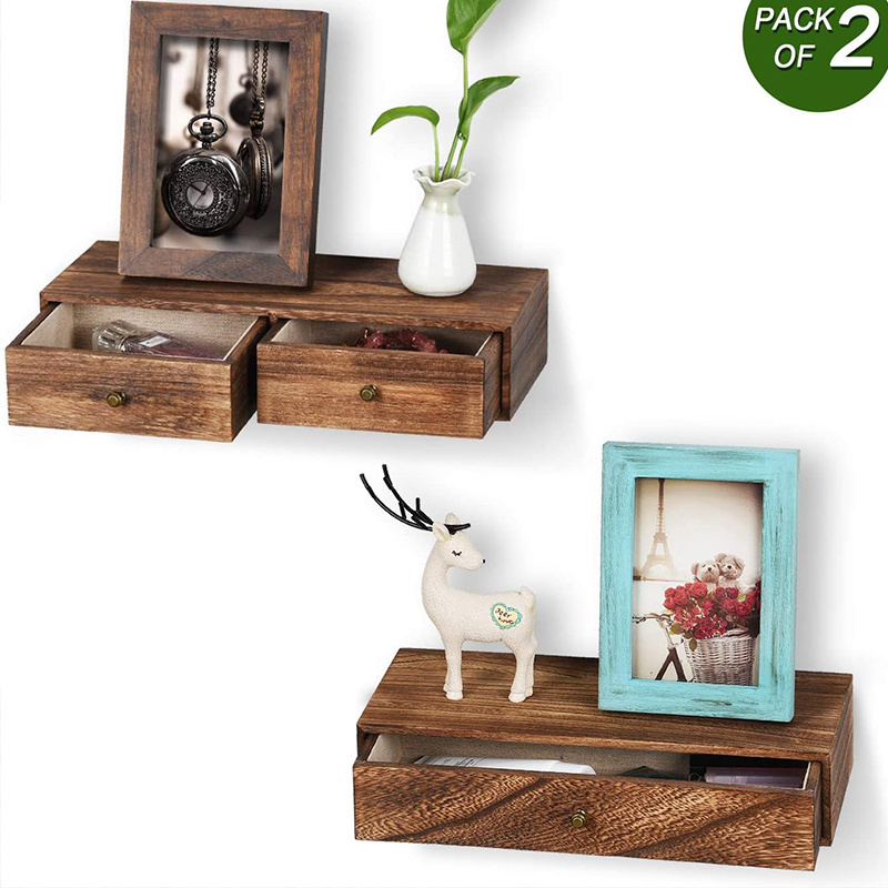 Floating Shelf with Drawer Wall Mounted, Set of 2 Rustic Wood Wall Floating Shelves for Storage and Display