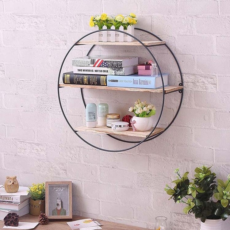 Three-Layer Round Wall Shelf,Rustic Wood Floating Shelves,Wall-Mounted Storage Display Stand Decorative Wall Shelf for Bedroom