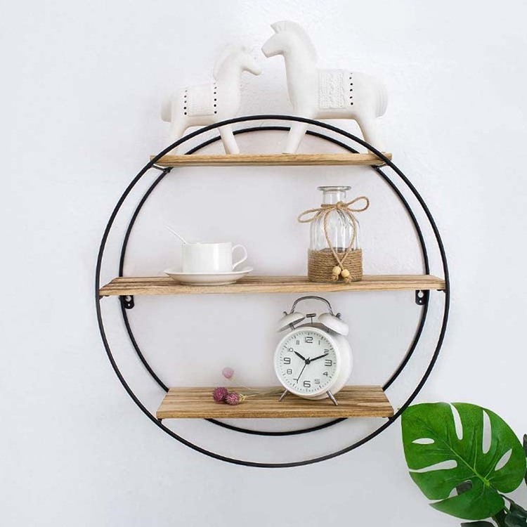 Three-Layer Round Wall Shelf,Rustic Wood Floating Shelves,Wall-Mounted Storage Display Stand Decorative Wall Shelf for Bedroom