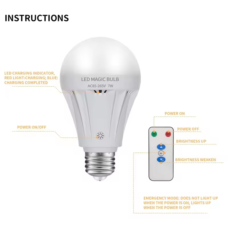 Smart Rechargeable LED Light Bulb 7W 2200mAH Battery Backup with Remote Control for Power Outrage Magic Emergency Bulb