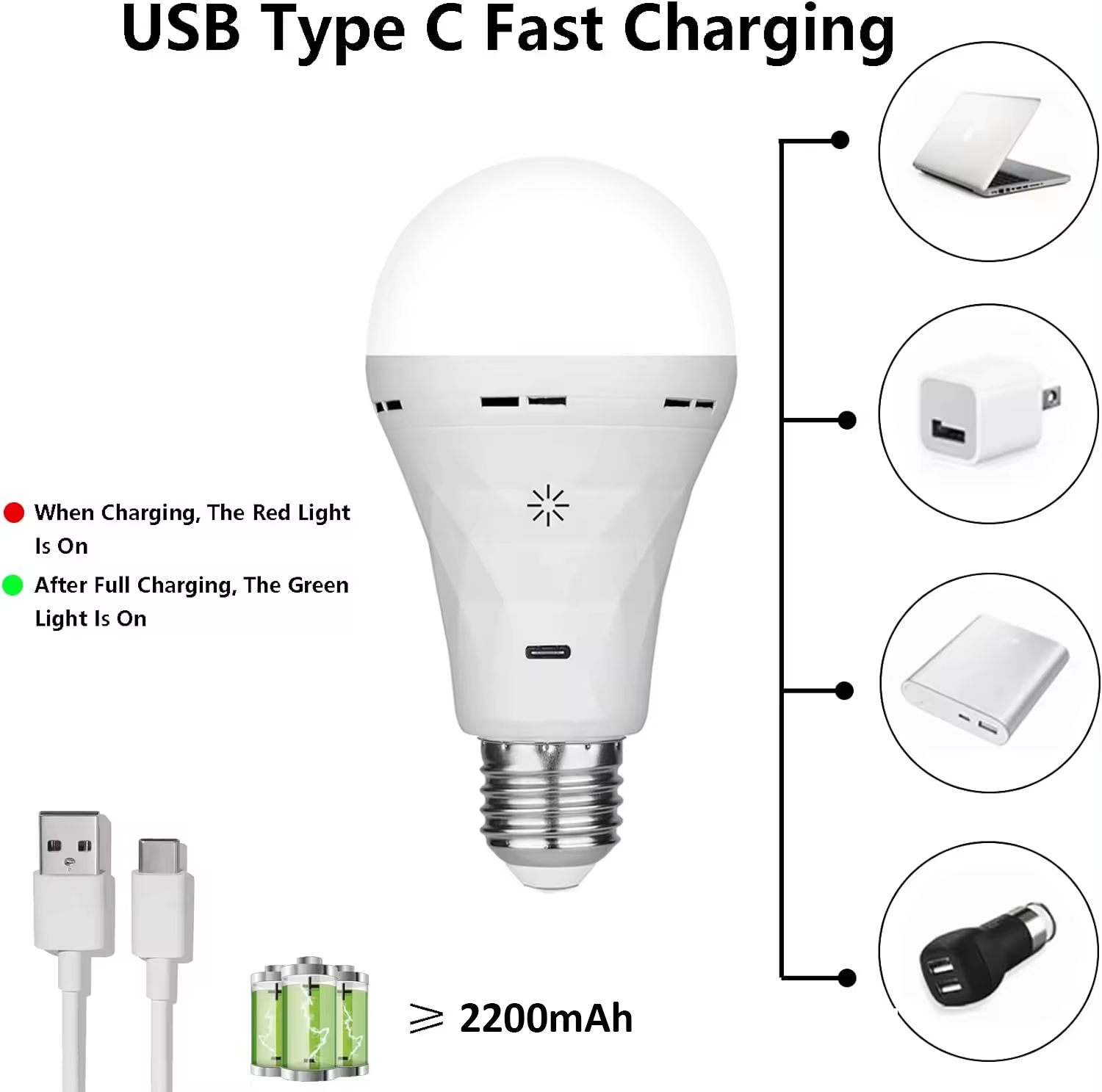 7W LED Rechargeable Bulb USB-C Charging Touch Dimming with Remote Timing Function Battery Backup Power Outage Emergency Bulb