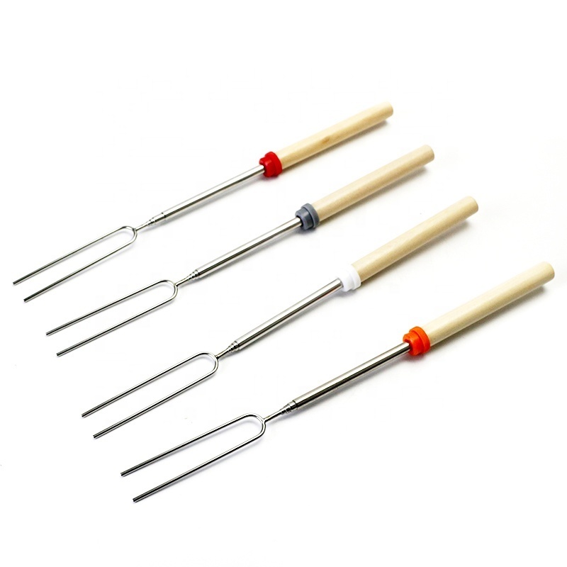 Portable Smores Skewers Stainless Steel With Wooden Handle Bbq Skewers Marshmallow Stick, Extendable Camping Skewer for Fire Pit