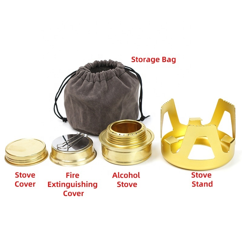 High Quality Outdoor Camping Stove Lightweight Solo Stove Alcohol Stove Brass Spirit Burner with Aluminium Stand Fuel Storage