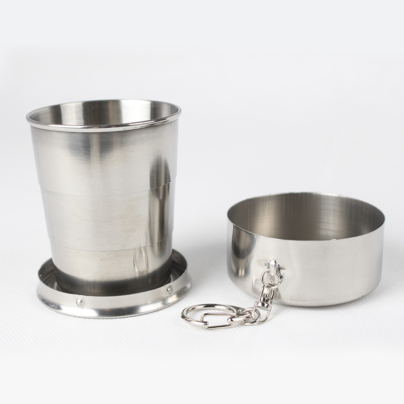 Mini Folding Coffee Cup Metal Camping Cups Stainless Steel Portable Outdoor Metal Telescopic Travel Cup  With Keychain, Sliver