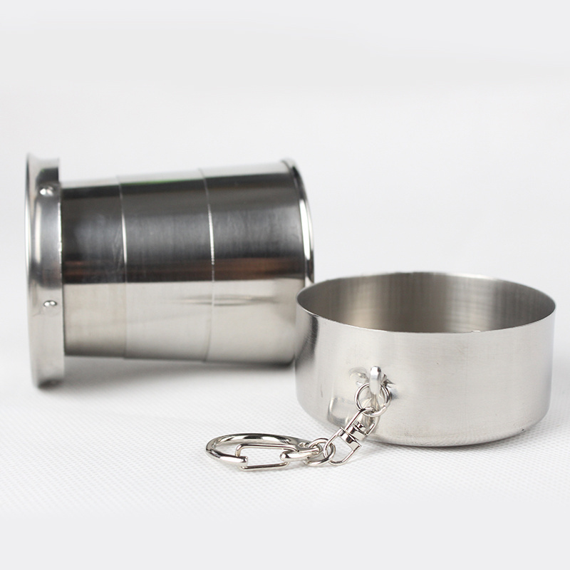 Mini Folding Coffee Cup Metal Camping Cups Stainless Steel Portable Outdoor Metal Telescopic Travel Cup  With Keychain, Sliver