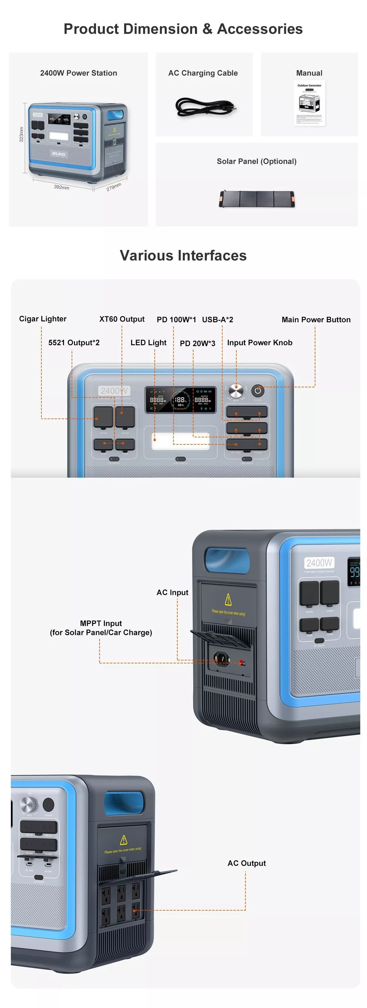 300W 600W 1000W 2000W Pure Sine Wave 220V 110V Solar Generator Portable Power Station 230V Power Bank with Ac Output Portable Po