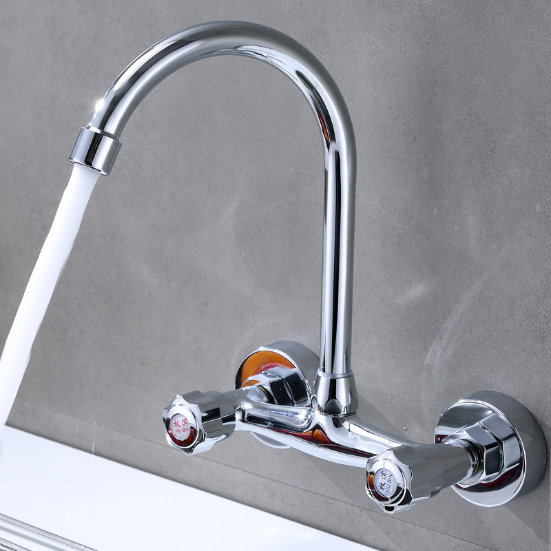 Modern Wall Mounted Double Handle Kitchen Tap Long Neck Brass Kitchen Faucet