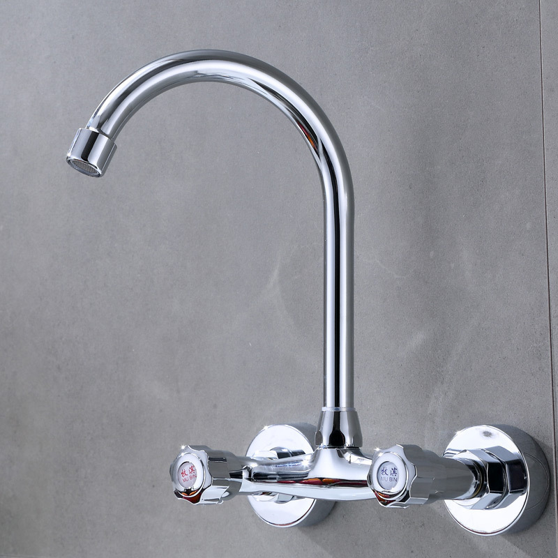 Modern Wall Mounted Double Handle Kitchen Tap Long Neck Brass Kitchen Faucet