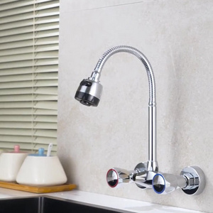 Modern Wall Mounted Double Handle Kitchen Tap Long Neck Brass Kitchen Faucet