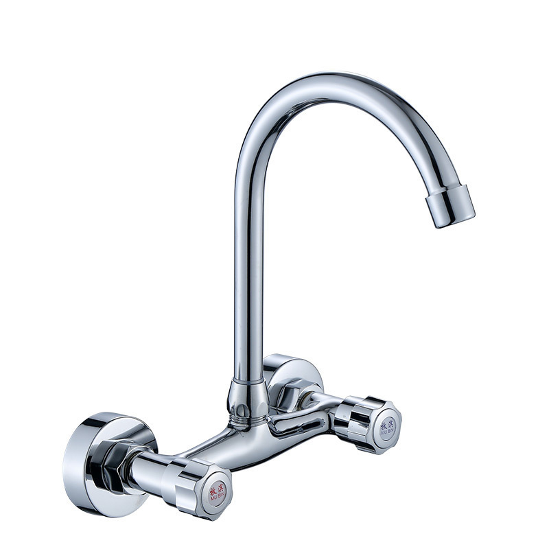 Modern Wall Mounted Double Handle Kitchen Tap Long Neck Brass Kitchen Faucet