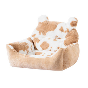 Washable Soft Comfortable Indoor Designer Luxury Cute Small Cow Pattern Dog Sofa Calming Donut Cat Pet Dog Bed