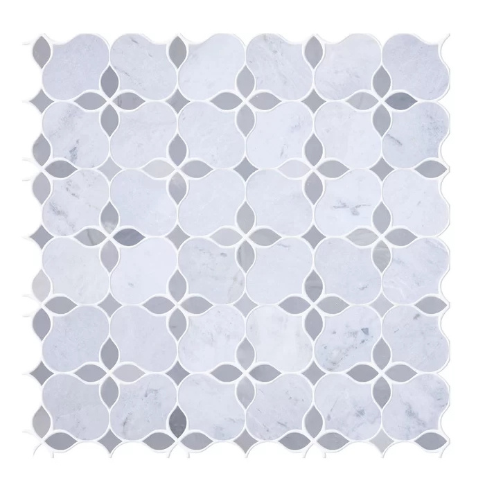 new design hexagon and triangle thassos white marble with brushed gold stainless steel mosaic tile flower mosaic tile