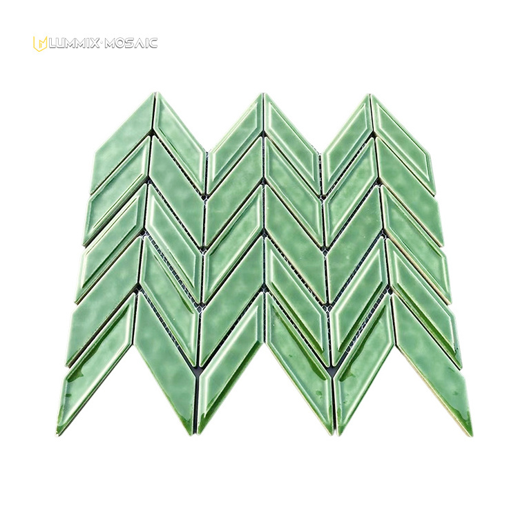 Green 322X260X8mm Herringbone Mosaic Tile Polished Chevron Ceramic Mosaic