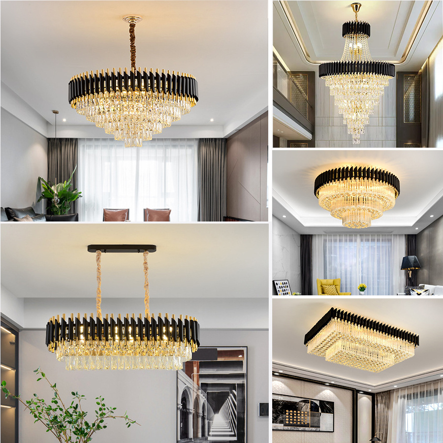 Custom living dining room bedroom wedding high ceiling pendant lights lighting black led gold luxury modern crystal chandelier