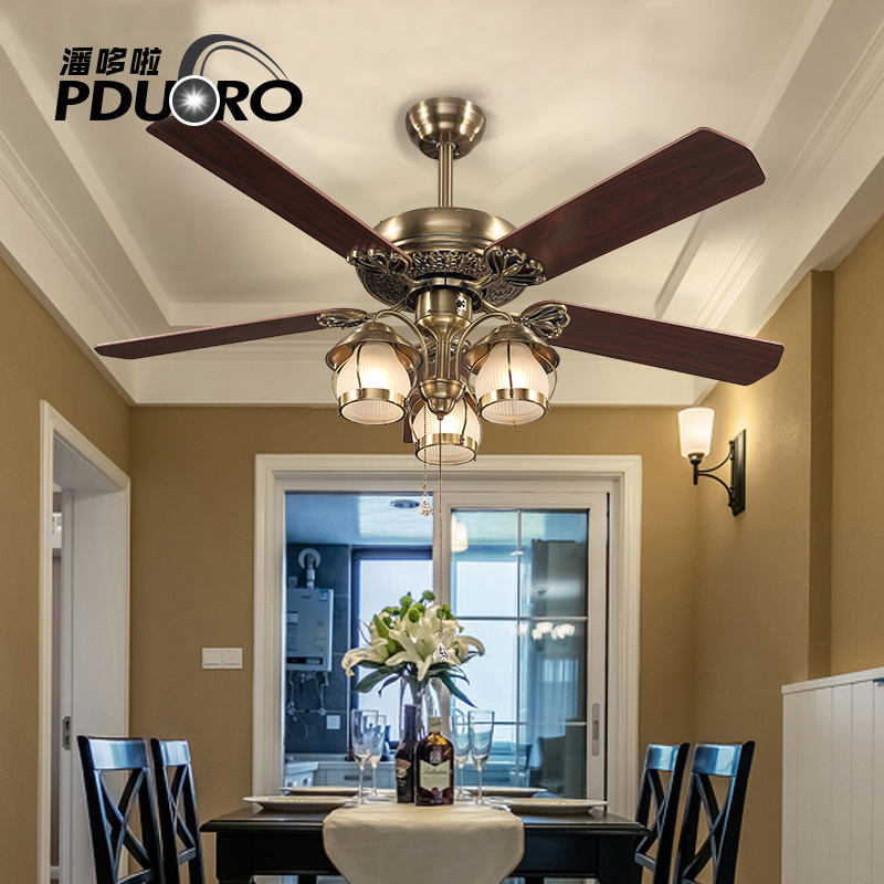 Energy saving antique brass color plywood E27 classical ceiling fan light with 3-speed control pull chain