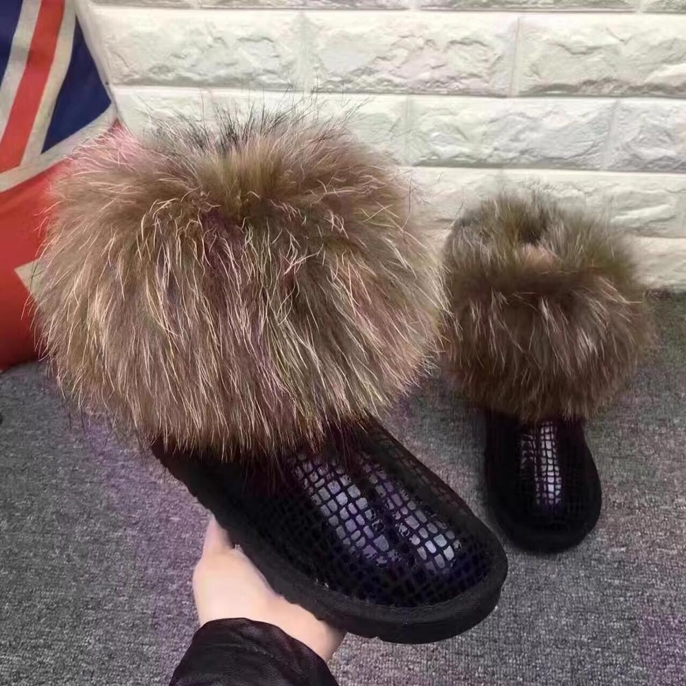 Factory sheep skin fur snow women shoes raccoon fur snow boots for girls autumn winter ladies boot black leather flap