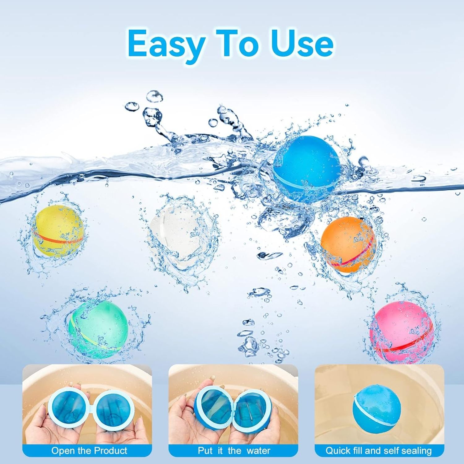 Summer Toys,Reusable  Water Balloons, Refillable Water Splash Balls For ,Self-Sealing Quick Fill Water Bomb Toys For Kids