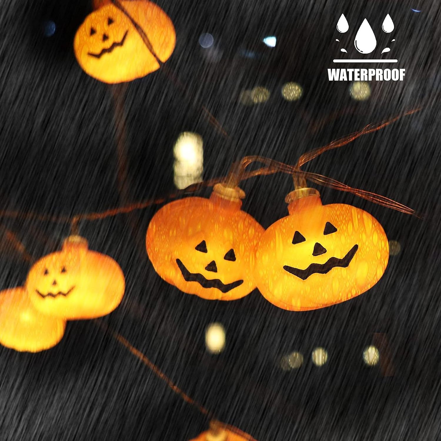 3D Waterproof Orange Jack-O-Lantern Battery Operated Lights, 2 Modes Steady/Flickering Lights,Halloween Pumpkin String Lights