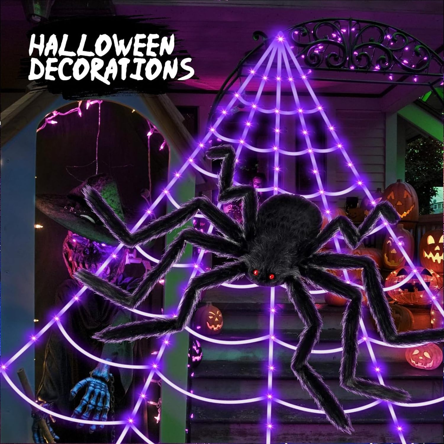 16.5FT Outdoor Decor Led Purple Lights Light Up Lighted Triangular Giant Battery Operated Waterproof, Halloween Spider Web