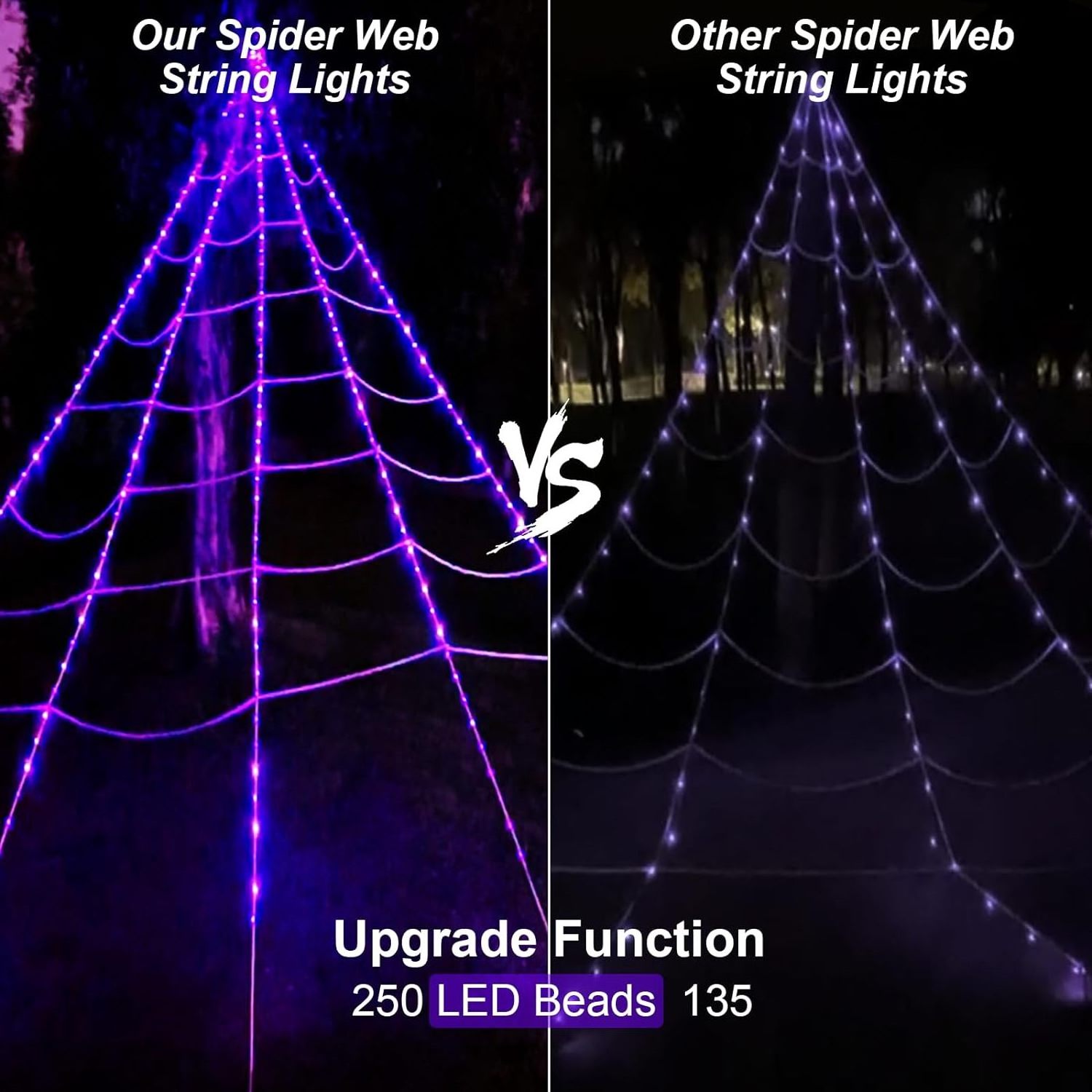 16.5FT Outdoor Decor Led Purple Lights Light Up Lighted Triangular Giant Battery Operated Waterproof, Halloween Spider Web