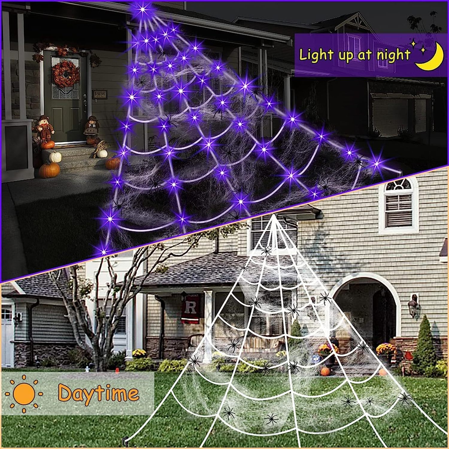 16.5FT Outdoor Decor Led Purple Lights Light Up Lighted Triangular Giant Battery Operated Waterproof, Halloween Spider Web