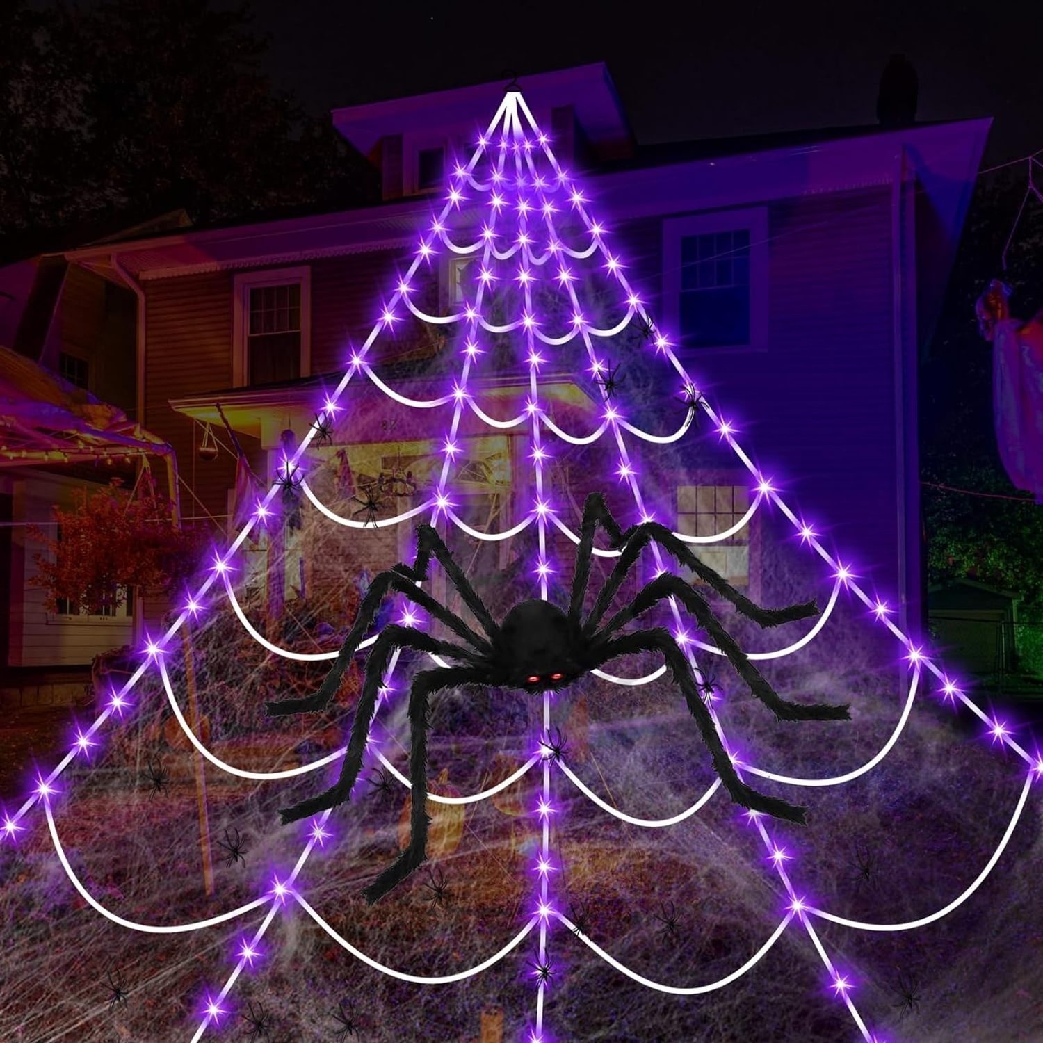 16.5FT Outdoor Decor Led Purple Lights Light Up Lighted Triangular Giant Battery Operated Waterproof, Halloween Spider Web