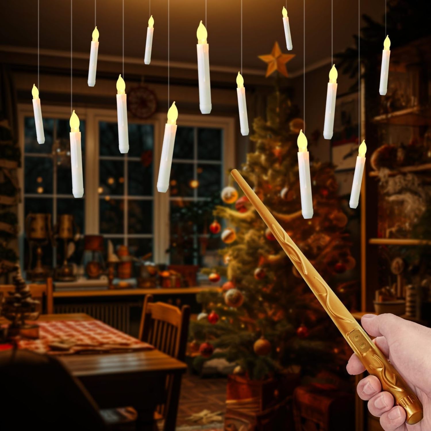 12 Pcs Magic Hanging Candles Flameless, Flickering Warm Light LED Taper Candle with Wand Remote, Floating Candles with Wand