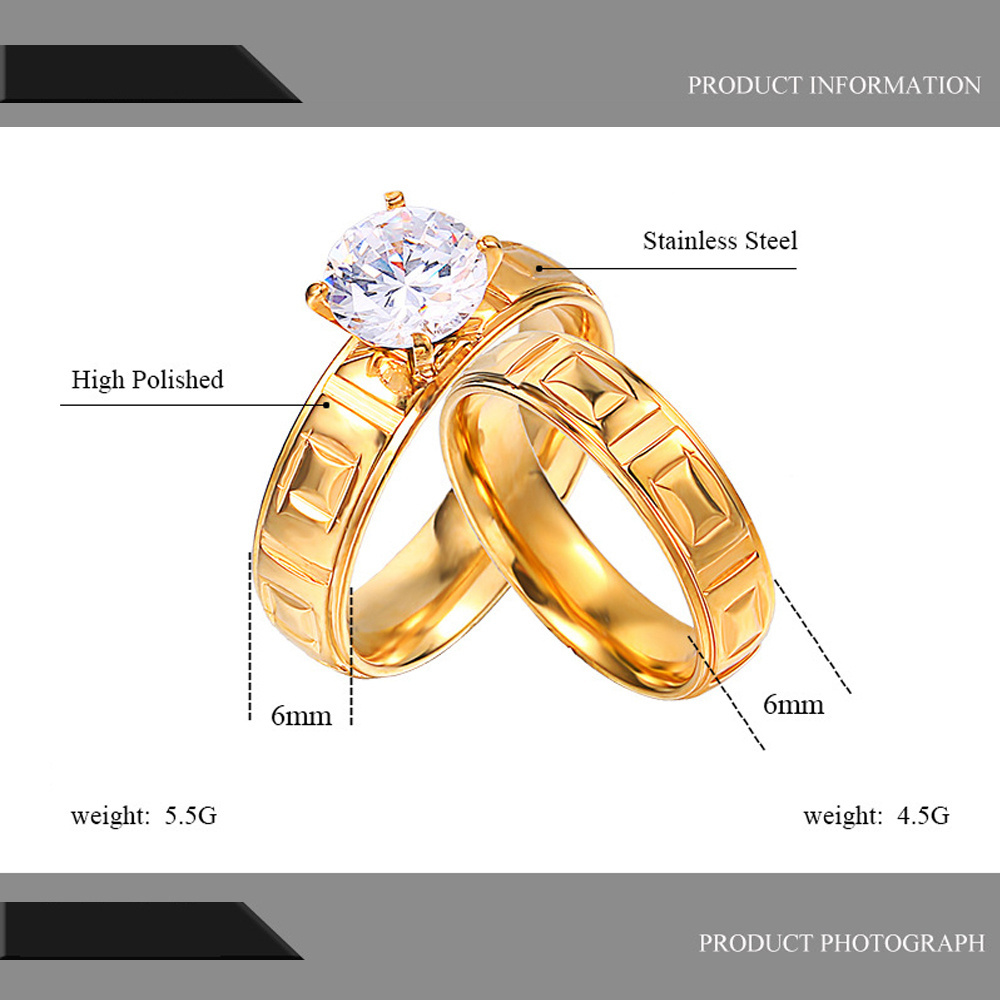 Classic Style Wedding Rings Gold 18K Couple Jewelry Simple Printing Stainless Steel Diamond Ring Set