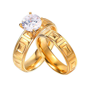 Classic Style Wedding Rings Gold 18K Couple Jewelry Simple Printing Stainless Steel Diamond Ring Set