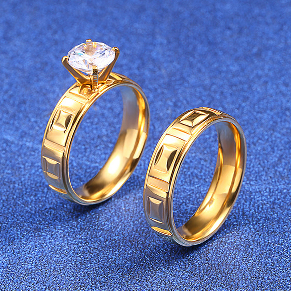 Classic Style Wedding Rings Gold 18K Couple Jewelry Simple Printing Stainless Steel Diamond Ring Set