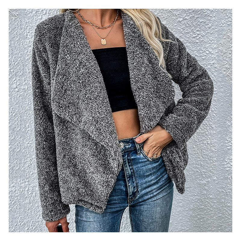 Fashion Lapel Dark Gray Fleece Coat Street Wear Trend Long sleeved Cardigan Ladies Short Fur Coat