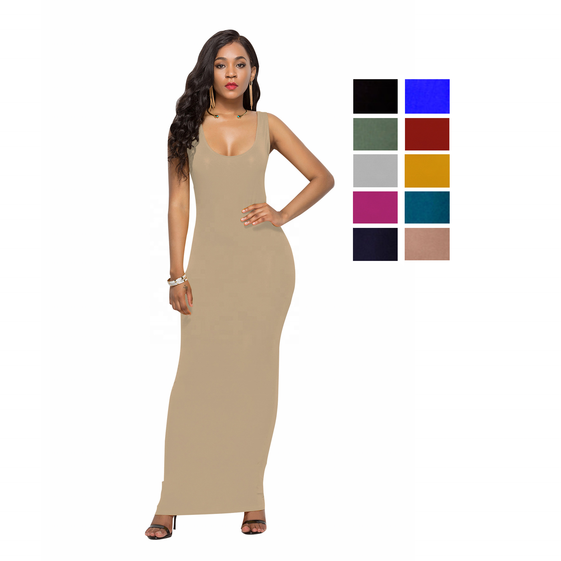 Wholesale sleeveless bodycon ladies solid ribbed knit maxi bodycon long dress