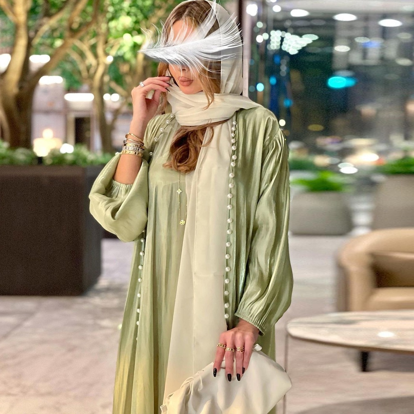 2023 islamic muslim dubai qatar shiny pearl abaya with inner set designs dubai 2 piece abaya sets