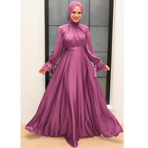 Custom islamic Muslim Bridesmaid dresses Dubai Modest Satin Dress Big Hem Muslim Maxi Dress For Women