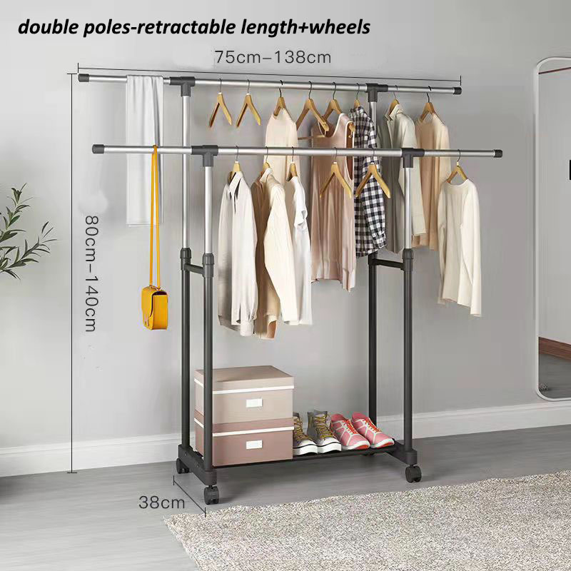 Double pole retractable clothes hanger  stand drying rack clothes with wheels household metal rack