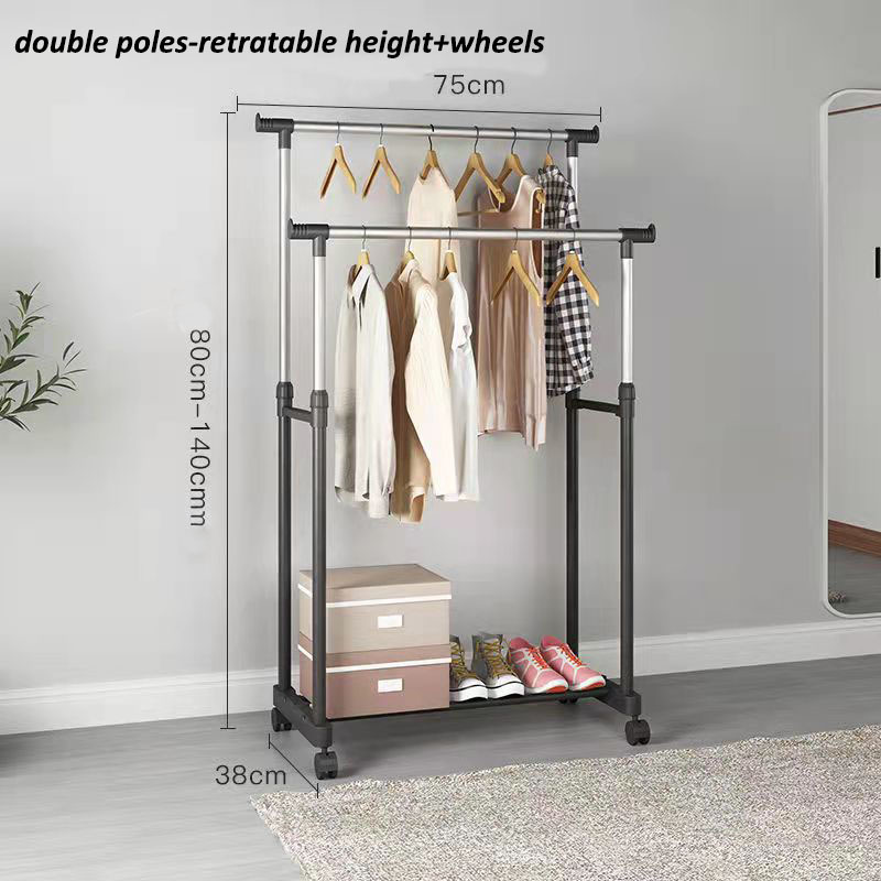 Double pole retractable clothes hanger  stand drying rack clothes with wheels household metal rack