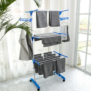 Three layer foldable rack cloth drying  hanger rack portable metal coat laundry display stand clothes