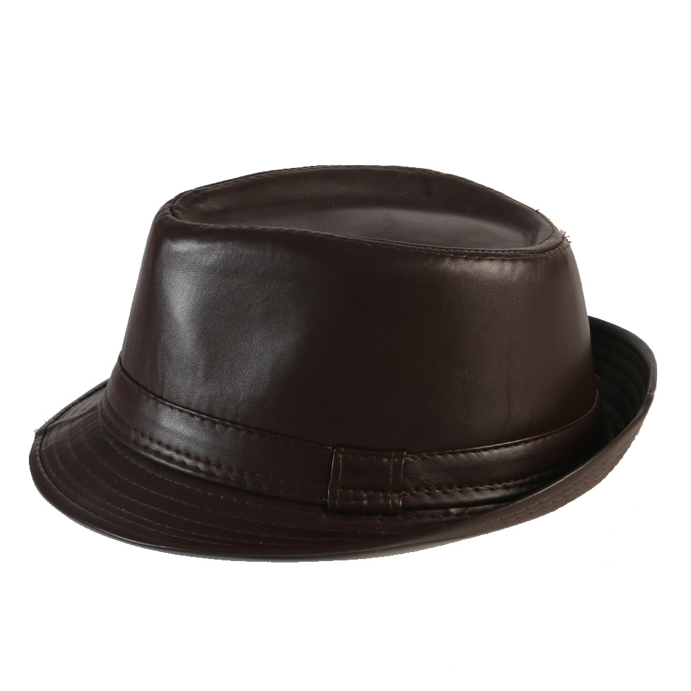 Factory wholesale custom blank black PU leather fedoras cap Cool Hard Short Brim Men Women Cowboy wool felt Fedora Hats