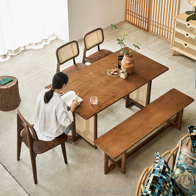 Walnut wood dining table bench Long rattan wicker solid wood Bench chair dining room