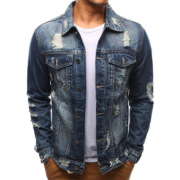 Customized Wholesale Distressed Bulk Denim Jacket Ripped Jean Coat Jacket For Men