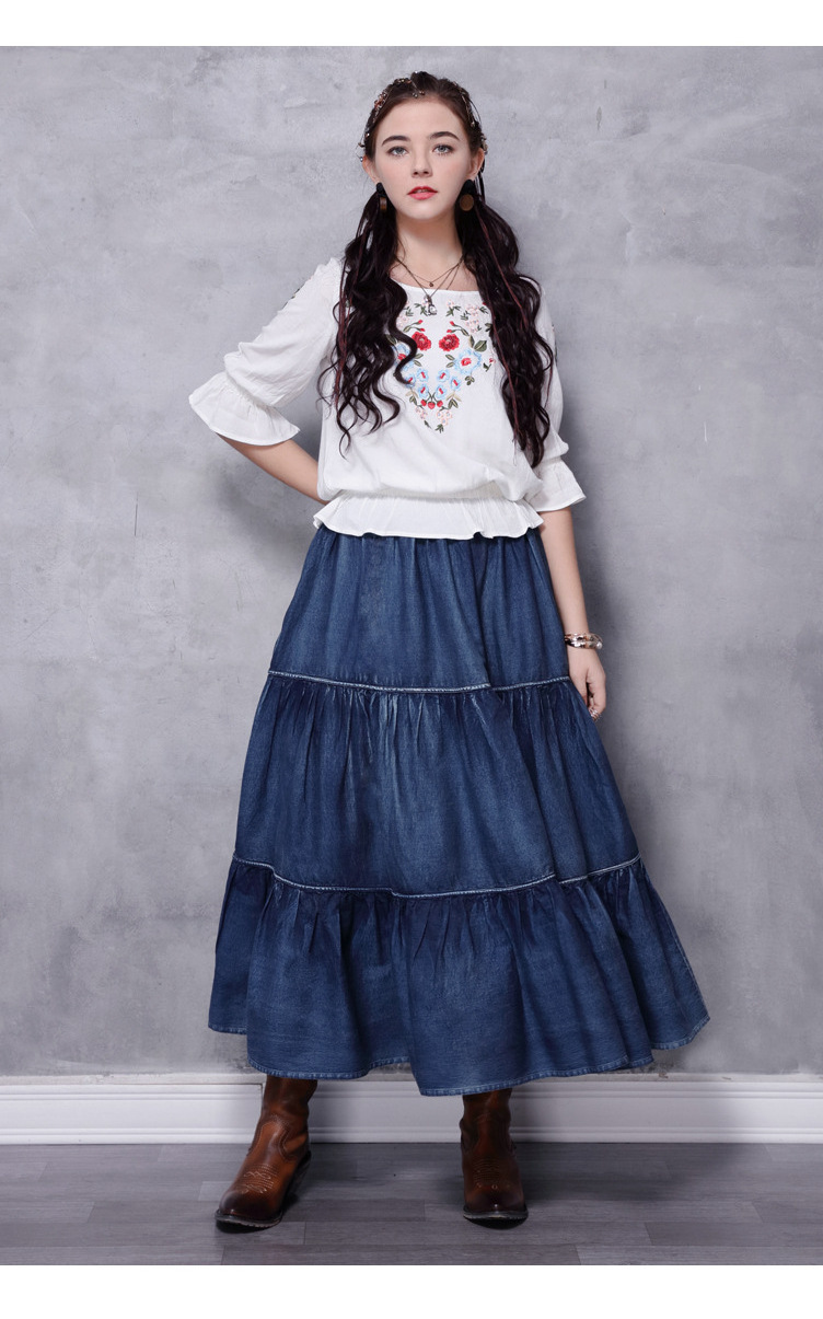 2022 Spring new stitching denim ruffles long skirt retro stitching bundling folded umbrella women denim skirt