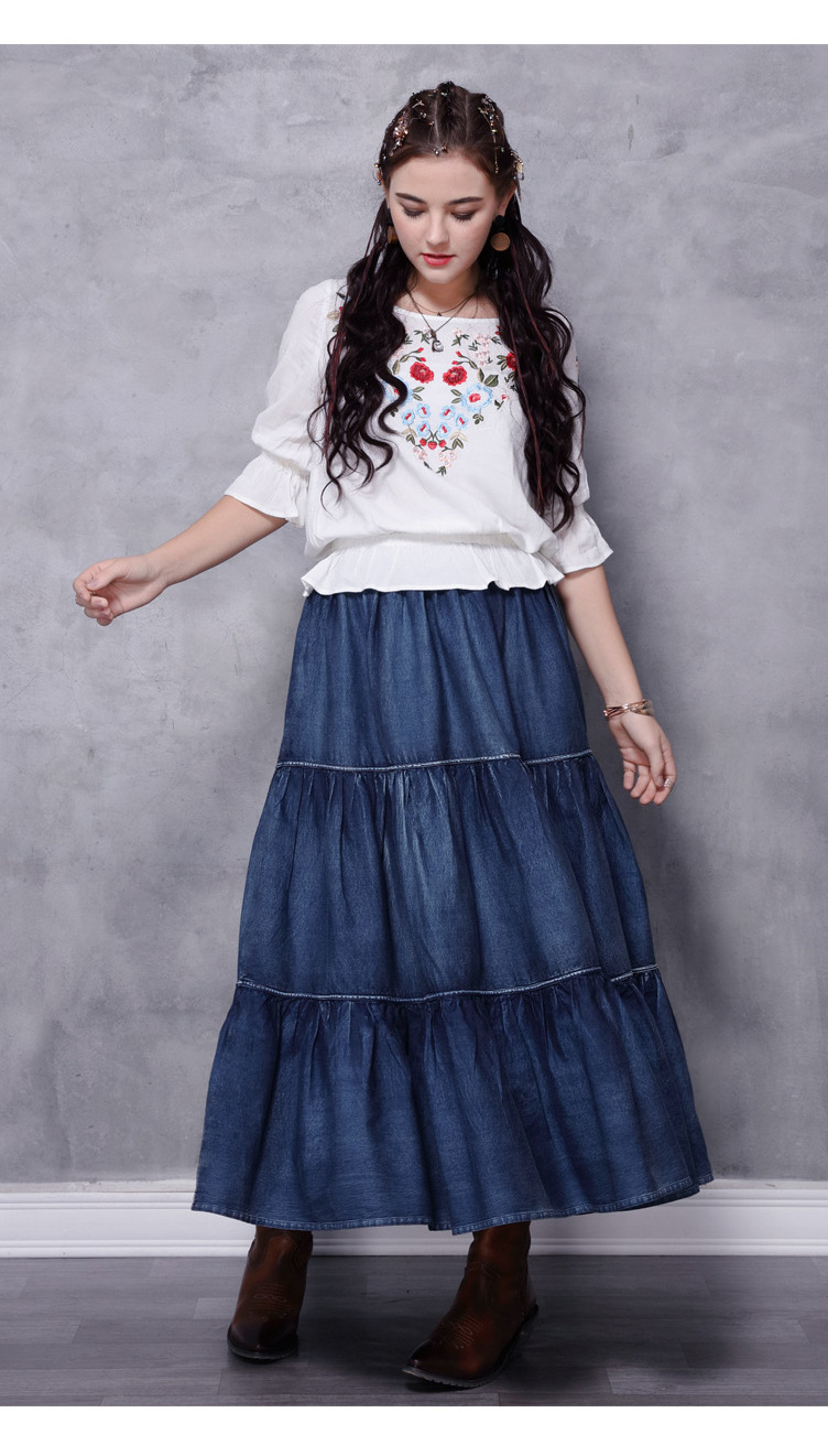 2022 Spring new stitching denim ruffles long skirt retro stitching bundling folded umbrella women denim skirt