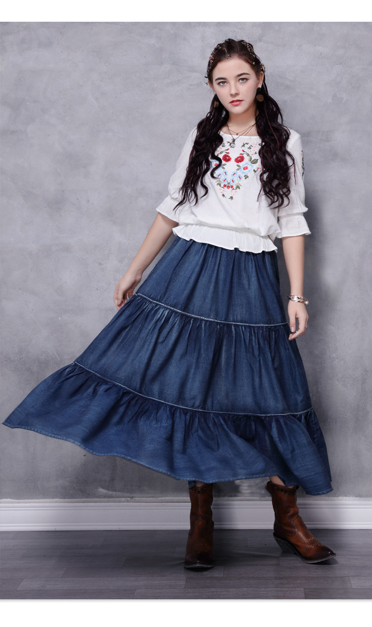 2022 Spring new stitching denim ruffles long skirt retro stitching bundling folded umbrella women denim skirt