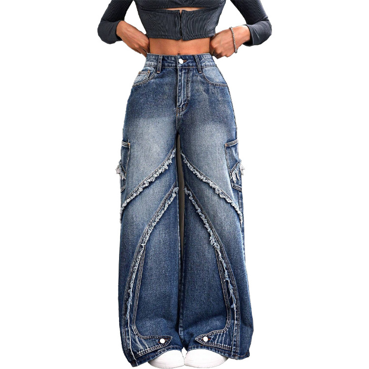 Women high waist pants pocket baggy straight-leg hip hop trousers luxury crazy jeans for women