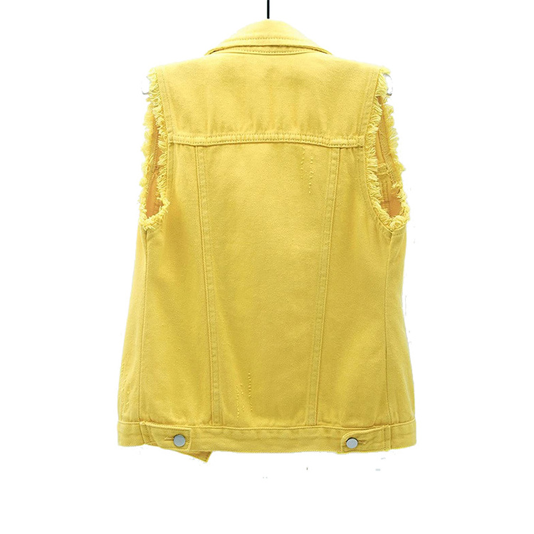 Women Casual Yellow Denim Waistcoat Slim Fit Frayed Sleeveless Jacket Ripped Tops