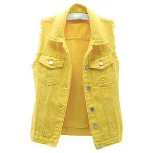 Women Casual Yellow Denim Waistcoat Slim Fit Frayed Sleeveless Jacket Ripped Tops