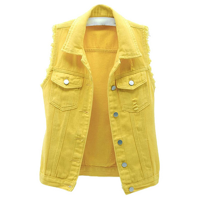 Women Casual Yellow Denim Waistcoat Slim Fit Frayed Sleeveless Jacket Ripped Tops